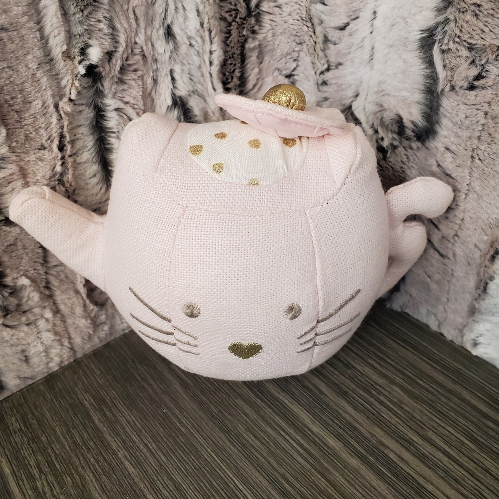 Pottery Barn Kids Pink Gold Accents Cat Kitty Plush Fabric 4"‎ Teapot 2017